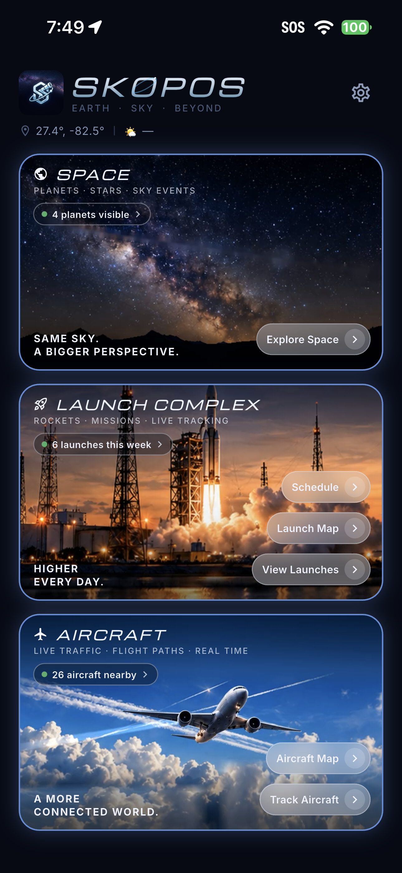The dashboard groups Space, Launch Complex, and Aircraft.