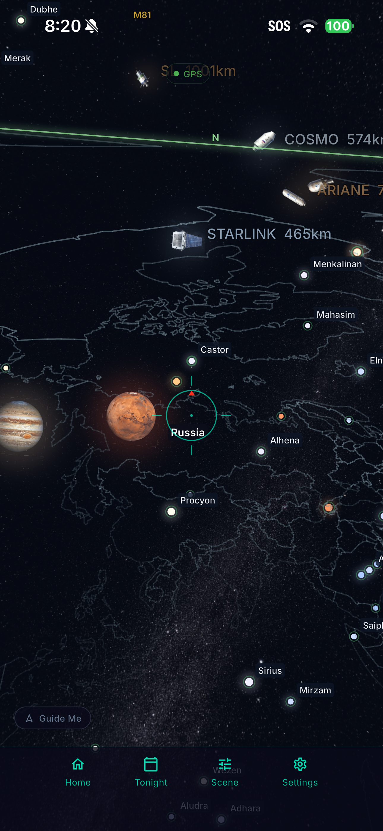 Sky view with celestial objects and satellite markers.